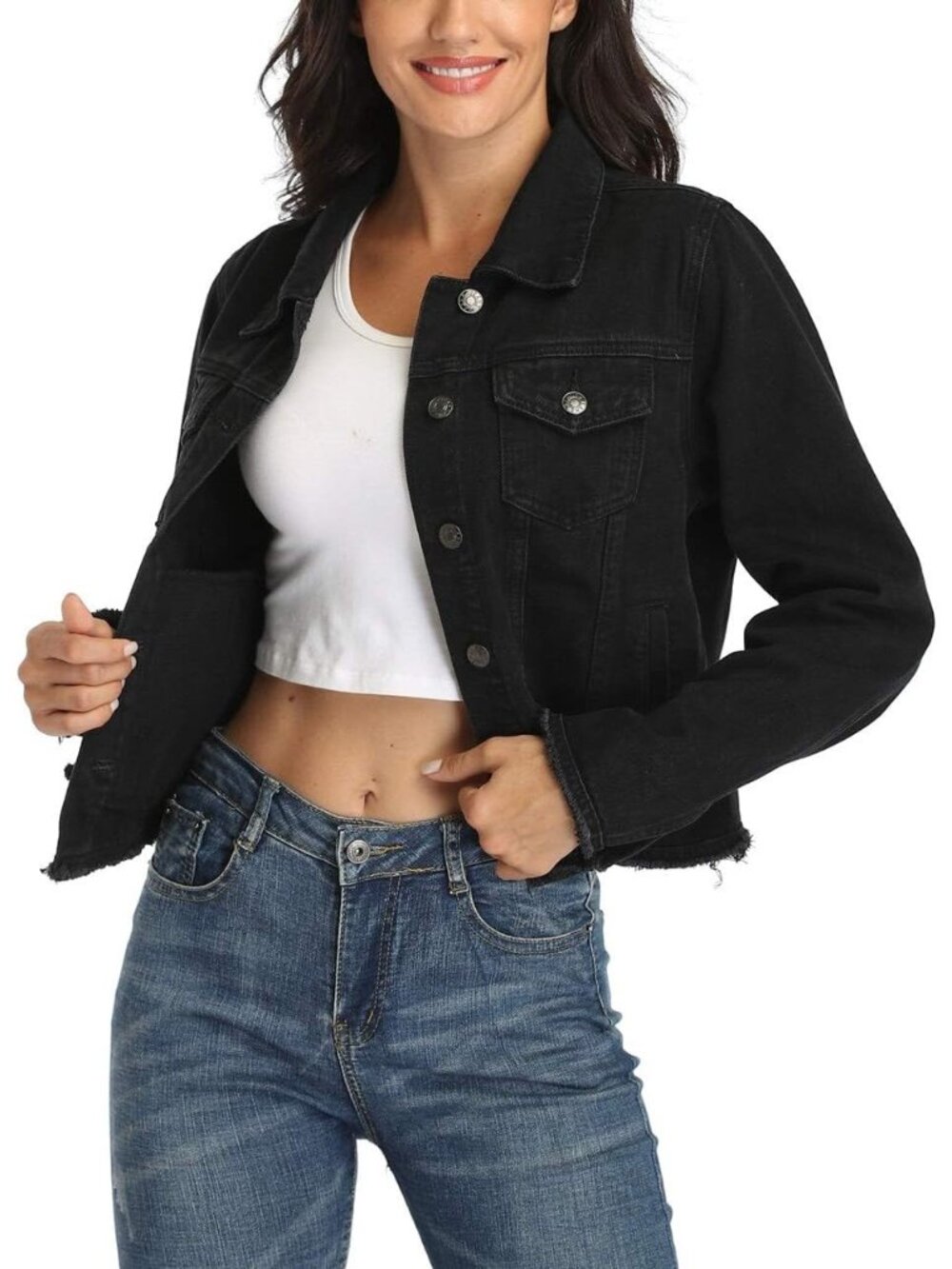 Women’s Black Frayed Washed Button Up Cropped Denim Jacket w 2 Side Pockets
